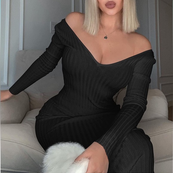 💕 BLACK Women's Sexy Long Sleeve Off Shoulder Knit Bodycon Long Dress *NEW* - Picture 3 of 4